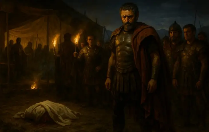 Hannibal’ın karanlık kampında, yerde örtü altında yatan kişinin Hasdrubal olduğu an; meşalelerle çevrili askerler ve derin üzüntü içindeki Hannibal görülüyor.